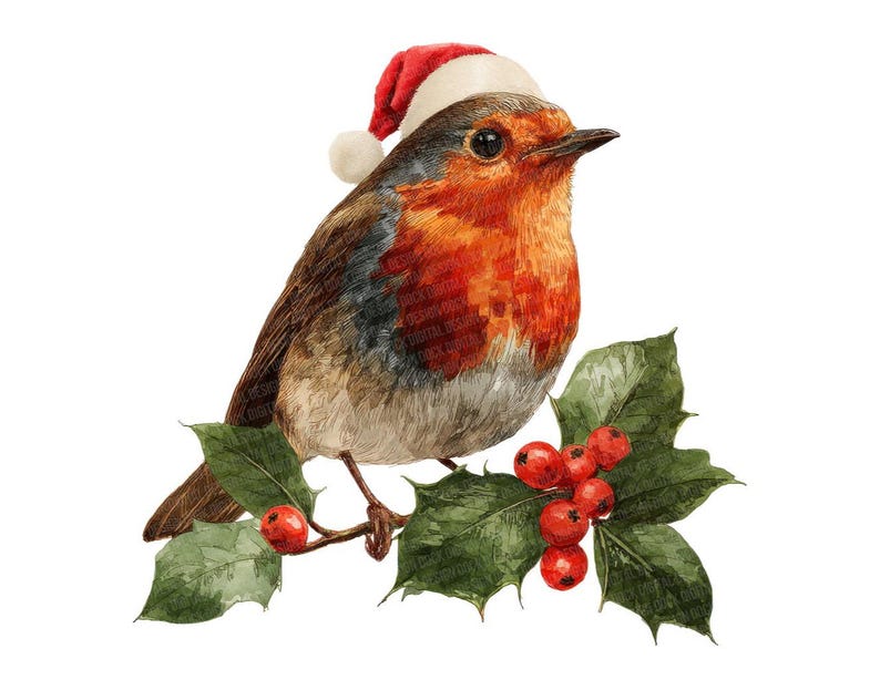 Christmas Robin PNG Clip Art, 12x Holly Branch Bird Clipart Set ...