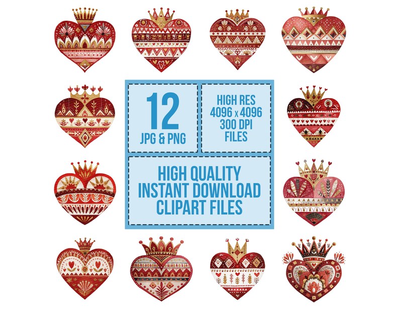 Folk Art Crowned Heart PNG Clipart, 12 Watercolor Hearts Clip Art Set ...