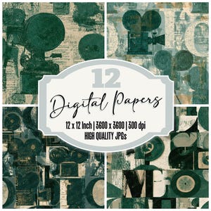 May include: A collage of 12 digital papers with a vintage aesthetic. The papers feature dark teal and beige tones with images of vintage cameras, gramophones, and abstract shapes. Text on the image reads "12 Digital Papers" and "12 x 12 Inch | 3600 x 3600 | 300 dpi HIGH QUALITY JPGs."