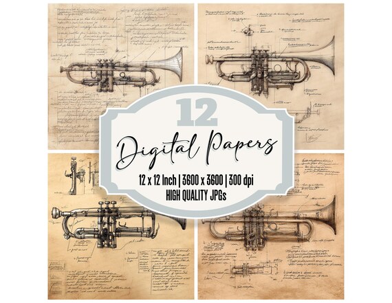 12x Trumpet Sketch Junk Journal Paper Digital Paper Pack