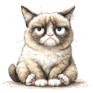 Könnte beinhalten: Aquarell-Illustration einer grummeligen Katze mit braun-weißem Fell und einem missmutigen Gesichtsausdruck. Die Katze hat große, runde Augen und einen herabgezogenen Mund, was ein Gefühl der Verärgerung vermittelt. Das Kunstwerk ist detailliert, mit sichtbaren Pinselstrichen.