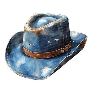 May include: A blue denim cowboy hat with a brown leather band and a worn, distressed look. The hat has several holes and is faded in places.