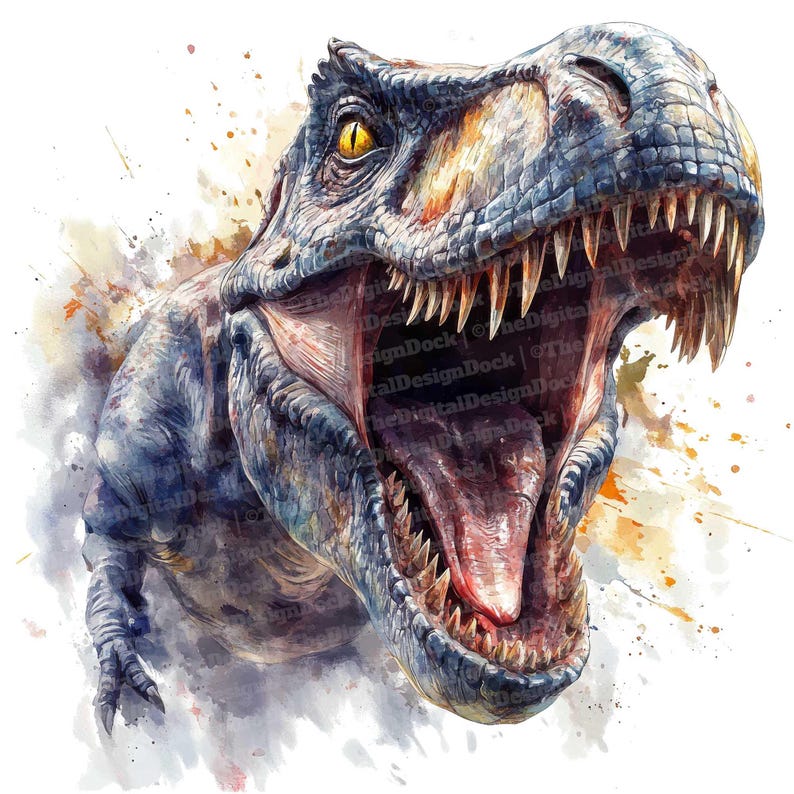 Op de afbeelding: Een aquarel schilderij van een Tyrannosaurus Rex dinosaurus met zijn bek open, waardoor zijn scherpe tanden zichtbaar zijn. De dinosaurus is geschilderd in tinten blauw, bruin en geel, met een spatten van oranje en gele aquarelverf op de achtergrond.