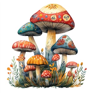 May include: A watercolor painting of a group of colorful mushrooms with intricate patterns. The mushrooms are arranged in a cluster, with the largest mushroom in the center. The mushrooms are surrounded by green leaves and flowers.