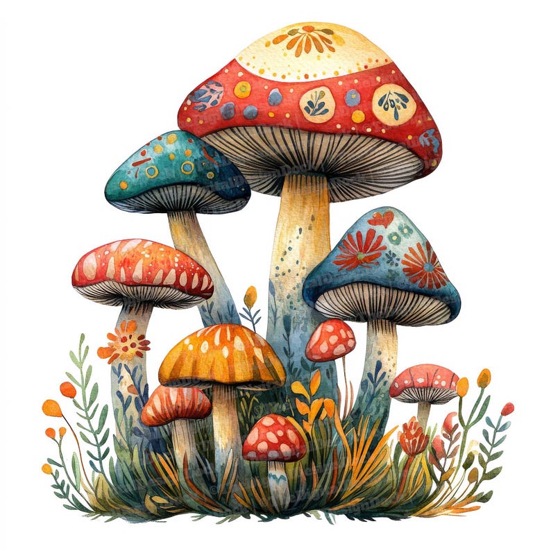 May include: A watercolor painting of a group of colorful mushrooms with intricate patterns. The mushrooms are arranged in a cluster, with the largest mushroom in the center. The mushrooms are surrounded by green leaves and flowers.