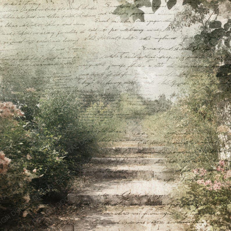12x Vintage Garden Path Junk Journal Paper Floral Landscape Script ...