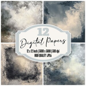 May include: A collection of 12 digital papers with a cloudy, textured design in shades of gray, white, and blue. The image includes text that reads "12 Digital Papers" and details about the size and resolution: 12 x 12 inch, 3600 x 3600, and 300 dpi.