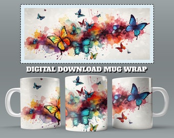 Colourful Watercolor Butterfly Mug Wrap, 11oz & 15 Oz Mug Sublimation Design, Butterfly Mug Sublimation, 11oz Mug Png, 15oz Mug PNG
