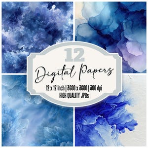Peut inclure: Ensemble de 12 papiers numériques avec des motifs bleus abstraits. Chaque papier mesure 30,48 x 30,48 cm et a une résolution de 3600 x 3600 pixels à 300 dpi. Le texte "Digital Papers" et "HIGH QUALITY JPGs" est inclus.