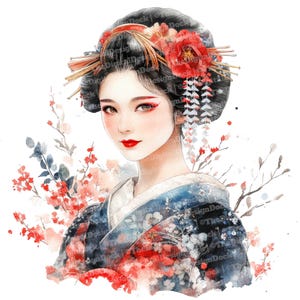 Geisha Clip Art, 12x Japanese Woman Watercolor Clipart Set, Printable Watercolor Clip Art, Digital Download, Scrapbooking, Asian Culture