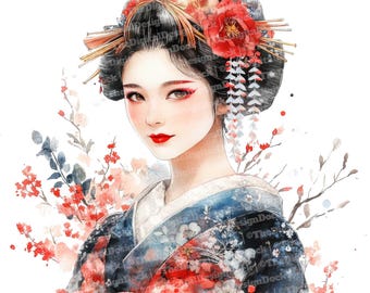 Geisha Clip Art, 12x Japanese Woman Watercolor Clipart Set, Printable Watercolor Clip Art, Digital Download, Scrapbooking, Asian Culture