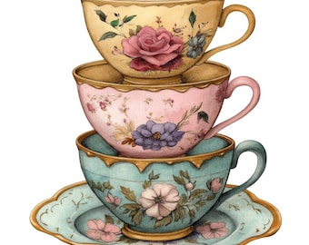 Teacup PNG Clipart, 12x Vintage Floral Teacup Clip Art Set, Watercolor Teacup Illustration, Printable Clip Art, Digital Download, Scrapbook