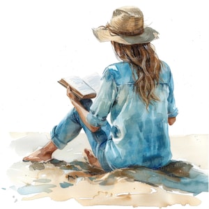 Clipart di lettura sulla spiaggia, 12 JPG, Clipart di donna con libro, Clipart di acquerello stampabile, lavoretti di carta, download digitale, diari spazzatura