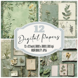 12x herbier, journal indésirable, cadre, étiquette, paquet de papier numérique, arrière-plans de plantes botaniques, JPG de haute qualité, style vintage imprimable