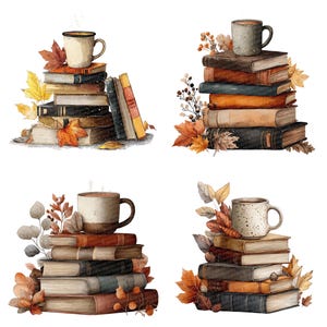 K&ouml;nnte beinhalten: Aquarellillustration von vier B&uuml;cherstapeln mit Kaffeetassen und Herbstbl&auml;ttern. Die B&uuml;cher sind in verschiedenen Farben gehalten, einige wirken alt und abgenutzt. Die Tassen sind beige und braun, die Bl&auml;tter in Rot-, Orange- und Gelbt&ouml;nen.