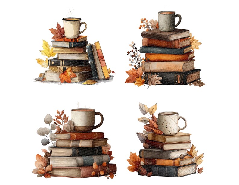 K&ouml;nnte beinhalten: Aquarellillustration von vier B&uuml;cherstapeln mit Kaffeetassen und Herbstbl&auml;ttern. Die B&uuml;cher sind in verschiedenen Farben gehalten, einige wirken alt und abgenutzt. Die Tassen sind beige und braun, die Bl&auml;tter in Rot-, Orange- und Gelbt&ouml;nen.