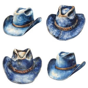 May include: Four blue denim cowboy hats with brown leather bands. The hats are all different shapes and sizes.