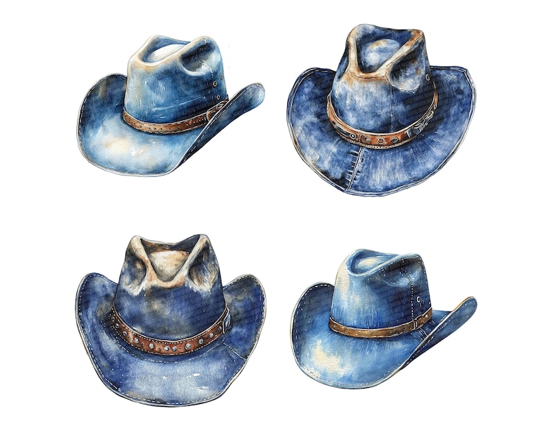 May include: Four blue denim cowboy hats with brown leather bands. The hats are all different shapes and sizes.