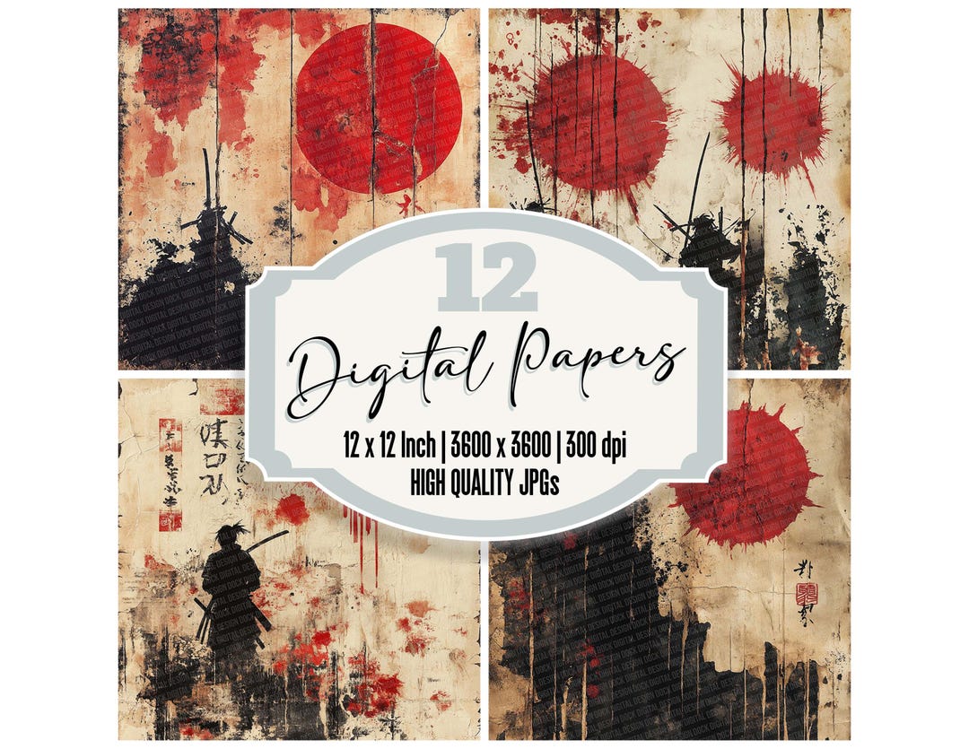 Samurai Paper Notes 12x Samurai Katana Junk Journal Paper Silk Texture Digital Paper Pack ...