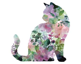 Floral Cat PNG Clipart, 12x Abstract Watercolor Cat Art, Printable Botanical Cat Silhouettes,Transparent No Background PNG, Digital Download