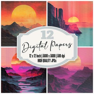 12x Chrome Horizon Glitch Junk Journal Paper Retro Digital Paper Pack High Quality JPGs Synthwave Landscape Scrapbook Printable Paper