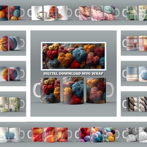 May include: A digital download of 12 different mug wrap designs featuring colorful yarn balls. The designs include various colors and patterns of yarn, including red, blue, green, yellow, and white. The text "DIGITAL DOWNLOAD MUG WRAP" is displayed on the image.