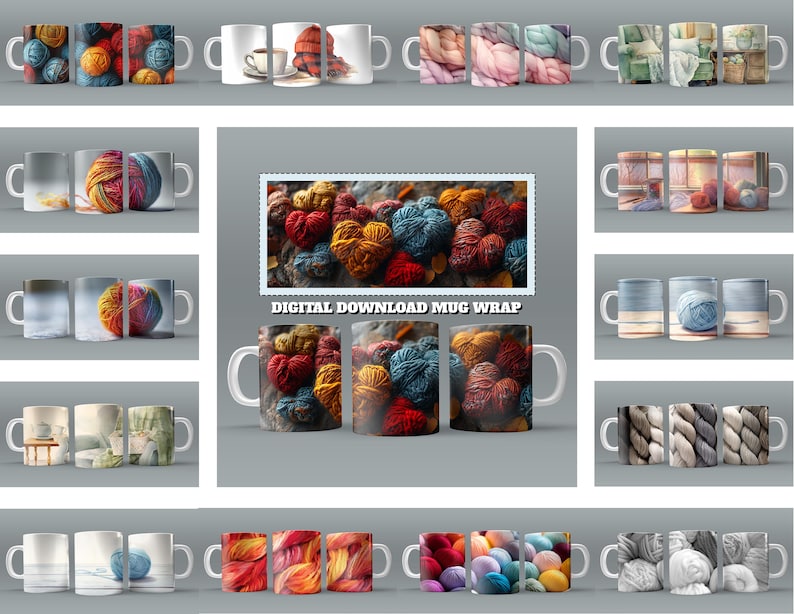 May include: A digital download of 12 different mug wrap designs featuring colorful yarn balls. The designs include various colors and patterns of yarn, including red, blue, green, yellow, and white. The text "DIGITAL DOWNLOAD MUG WRAP" is displayed on the image.