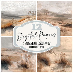 May include: A collection of 12 digital papers featuring desert landscape scenes in neutral tones. Each paper is 12 x 12 inches and has a resolution of 3600 x 3600 pixels at 300 dpi. The text "Digital Papers" is displayed in a decorative font.