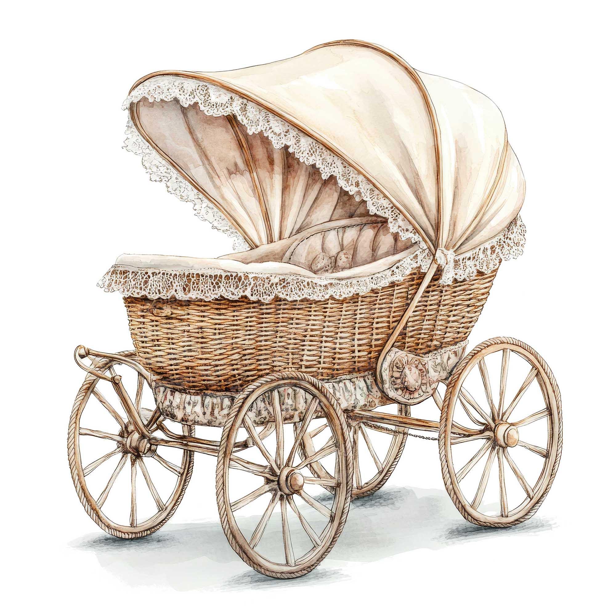 ヴィンテージ風 ミニチュア乳母車 木製車輪 ヴィンテージ風 ミニチュア