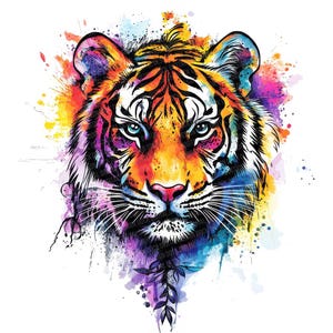 May include: A vibrant watercolor illustration of a tiger's face. The tiger features orange, yellow, blue, and purple hues, with black stripes and piercing blue eyes. The artwork has a splash effect, with paint splatters around the tiger's head.