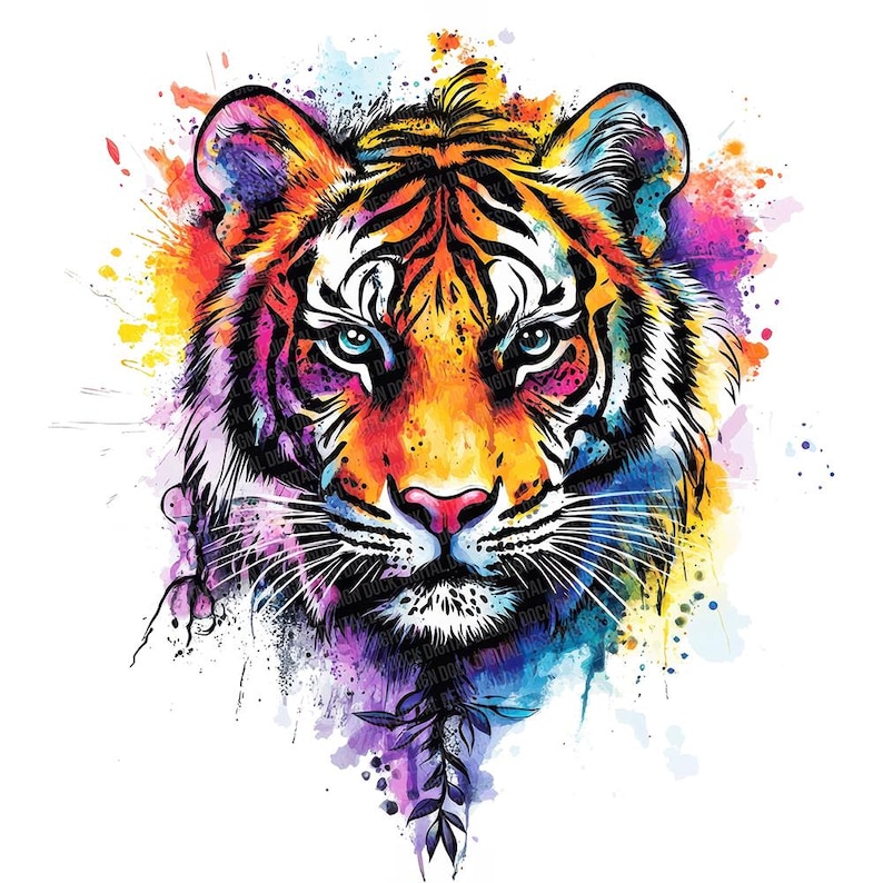 May include: A vibrant watercolor illustration of a tiger's face. The tiger features orange, yellow, blue, and purple hues, with black stripes and piercing blue eyes. The artwork has a splash effect, with paint splatters around the tiger's head.