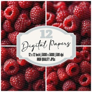 12x Digitalt papperspaket med hallon, skräpjournalpapper, fruktfyllning, textur, röda bär, bakgrunder, scrapbook, utskrivbara JPG-filer, nedladdning