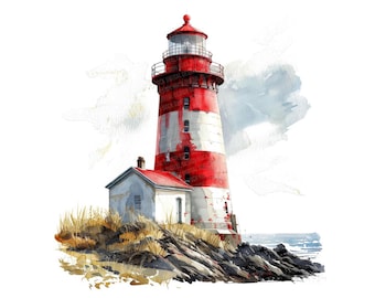 Red Lighthouse Clipart, 12x Coastal Nautical Clip Art Set, Printable Watercolor Clip Art, Digital Download, Transparent PNG, Paper Crafts