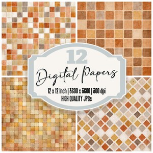 Può includere: Un set di carte digitali con quattro diversi motivi a piastrelle nei toni del marrone, arancione e beige. L'immagine include il testo "12 Digital Papers" e dettagli sulle dimensioni e la risoluzione della carta.