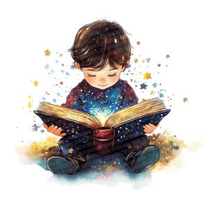 12 Clip Art di bambini che leggono un libro magico, Bambini acquerellati con libri scintillanti PNG, Download digitale, Immagini di album, Lavoretti di carta