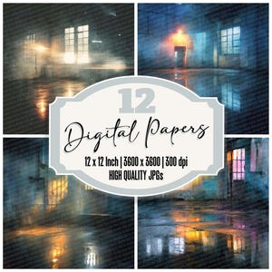 May include: A digital art collection featuring four atmospheric scenes with a moody, urban aesthetic. Each image showcases a wet, reflective surface with light and shadow play. The central graphic reads "12 Digital Papers".