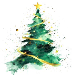 Könnte beinhalten: Aquarell-Illustration eines Weihnachtsbaums in Grüntönen, verziert mit einem goldenen Stern und einem goldenen Band. Der Baum hat goldene Akzente und Spritzer vor einem weißen Hintergrund, wodurch ein festliches Urlaubsdesign entsteht.