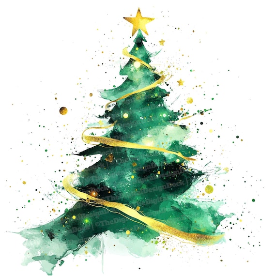 12x Christmas Tree Clipart, Green & Gold Abstract Xmas Tree