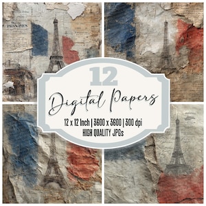12x Paris Collage Junk Journal Paper Vintage França Digital Paper Pack Mapa Textura Café Ephemera JPGs de alta qualidade Fundo desgastado