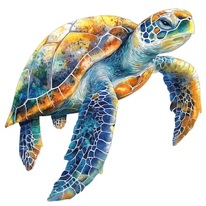May include: A watercolour painting of a sea turtle with a yellow, orange and blue shell. The turtle is swimming with its flippers outstretched.