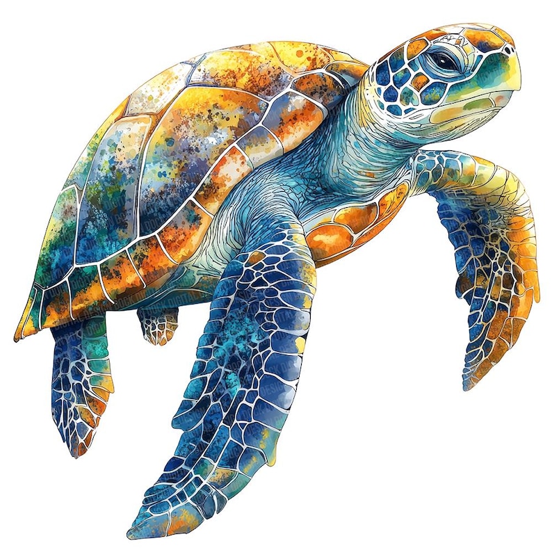May include: A watercolour painting of a sea turtle with a yellow, orange and blue shell. The turtle is swimming with its flippers outstretched.