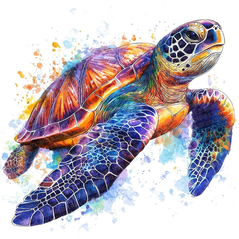 May include: A colourful watercolour painting of a sea turtle swimming in a blue and orange water background. The turtle has a green shell with purple and orange accents. The turtle's head is turned to the right and its eyes are open.