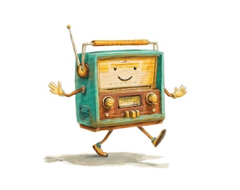 Conjunto de 12 imagens de rádio retrô, ilustrações de personagens de rádio vintage, imagens em aquarela para imprimir, download digital, arquivos PNG e JPG com fundo transparente.