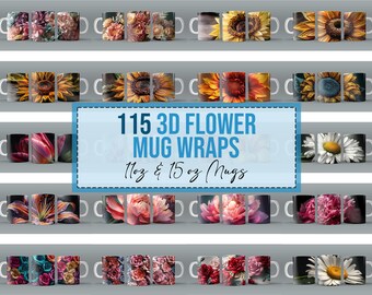 115x 3D Flowers PNG Mug Wraps for 11 oz 15oz Sublimation Mug Bulk Bundle Mug Wrap Downloads PNG Floral Design Digital Mega Bundle Designs