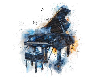 12x Clipart di pianoforte, set di illustrazioni di pianoforte a coda con note musicali, clipart ad acquerello stampabili, PNG trasparente, download digitale, arte per amanti della musica