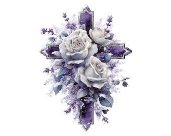 Cruz plateada con flores escarchadas PNG Clipart, 12x Cruces de rosas lavanda Clipart, Clipart de acuarela imprimible, Descarga PNG transparente