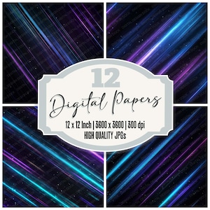 May include: A digital art collection featuring 12 abstract digital papers. Each paper has a dark background with streaks of blue, purple, and teal. The text on the image reads "12 Digital Papers" and "12 x 12 Inch | 3600 x 3600 | 300 dpi HIGH QUALITY JPGs."