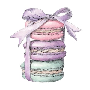 May include: A watercolour illustration of three macarons, stacked and tied with a lavender ribbon. The macarons are pink, purple, and mint green, with a cream filling. The ribbon is tied in a bow at the top.
