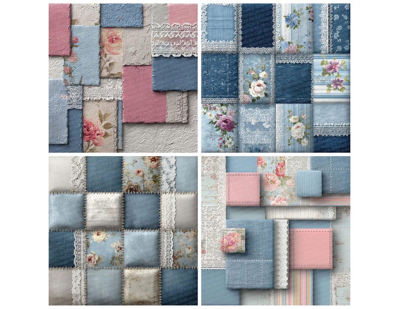 12x Shabby Chic Patchwork Junk Journal Paper Digital Paper Pack Lace ...