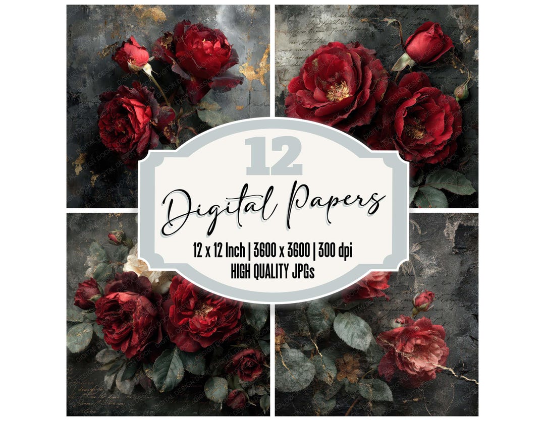 12x Gothic Red Rose Digital Paper Vintage Botanical Junk Journal Paper ...